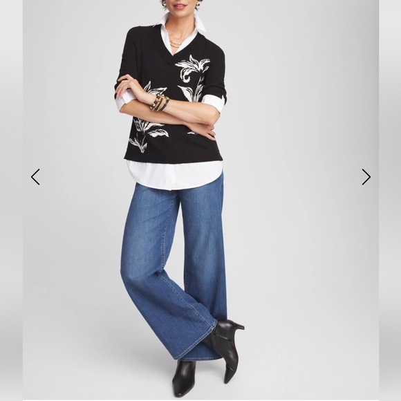 Chico’s Black White Floral Lily Print Built-In Shirt Knit Sweater 2fer Sz 2 - Picture 2 of 5